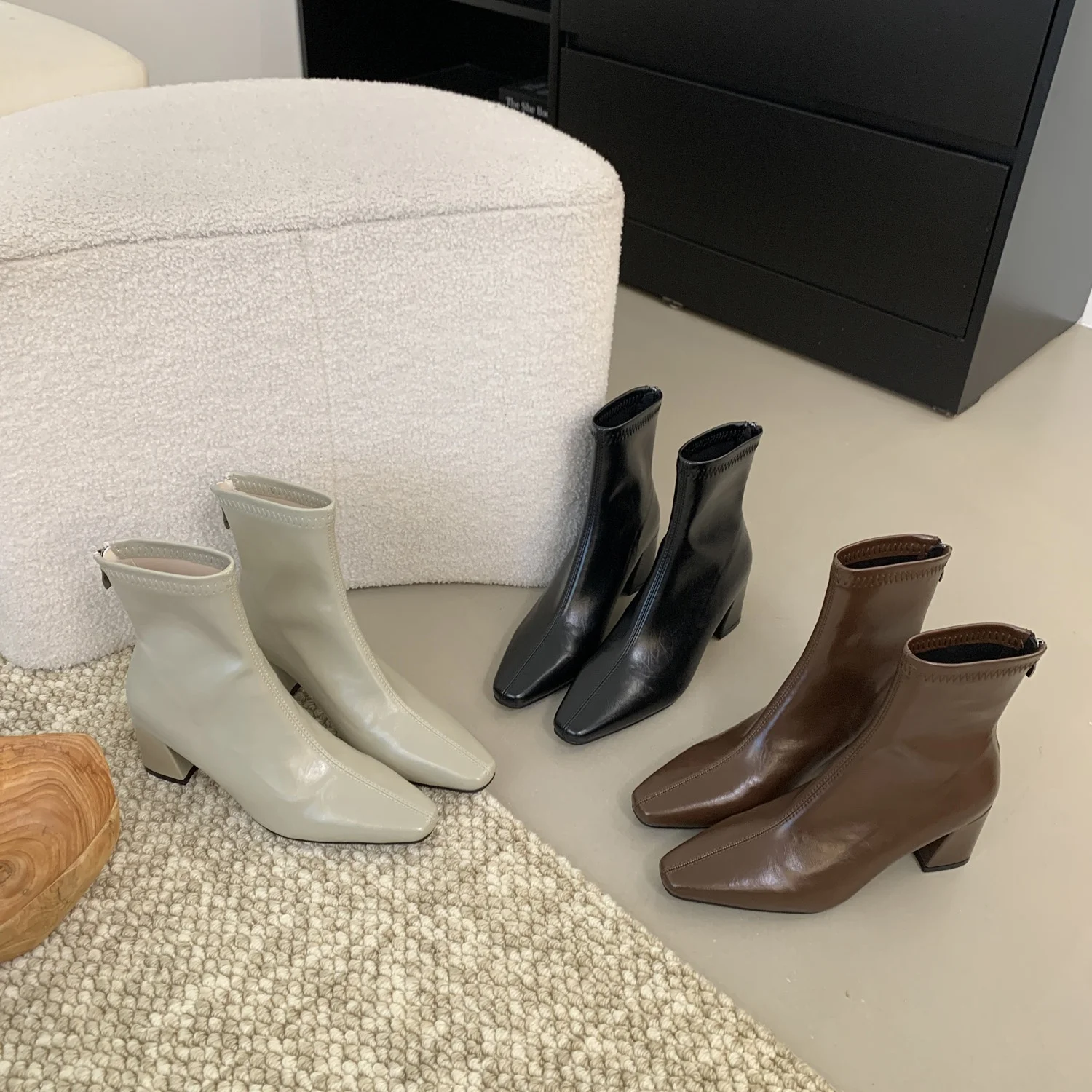 

Winter Autumn Short Boots Women Fashion Hundred Zipper Chunky Heel Brown Party Warm High Heel Ankle Boots