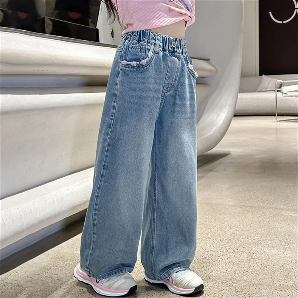 2403 Youngsters Fashion Embroidery Girls\' Jeans Children\'s Jeans Kid\'s Casual Pants Girls\' Wide Leg Pants