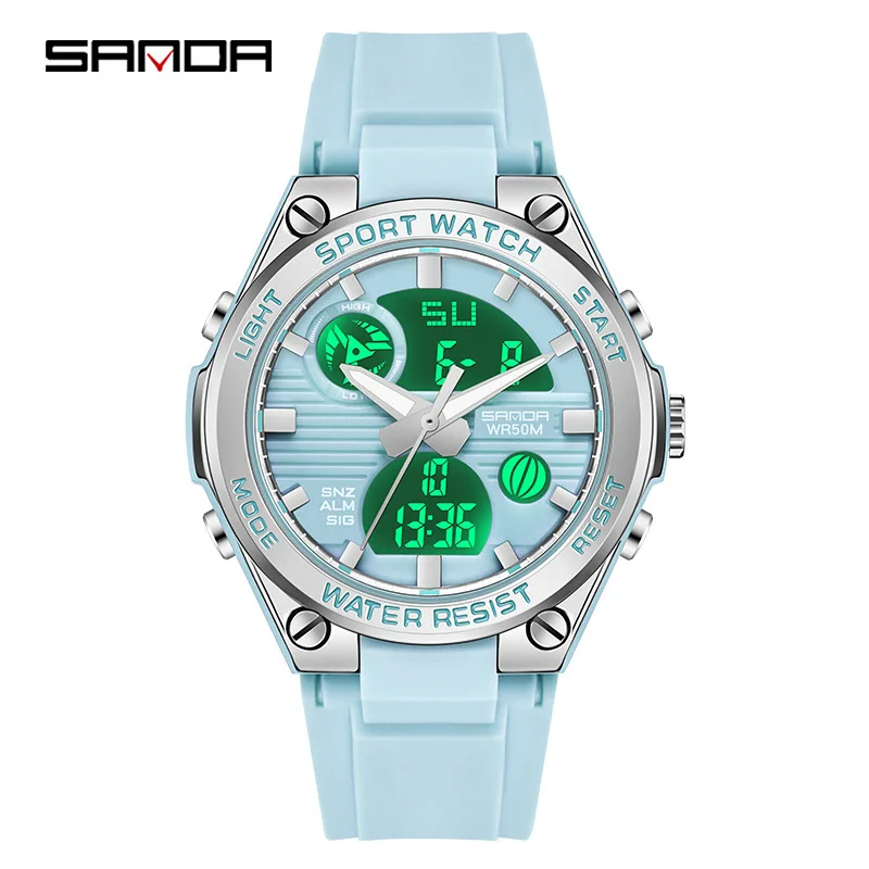 Sanda 6067 Dames Elektronisch Horloge Mode Creatieve Macaron Sport Lichtgevende Chronograaf Dual Display Siliconen Dames Horloges