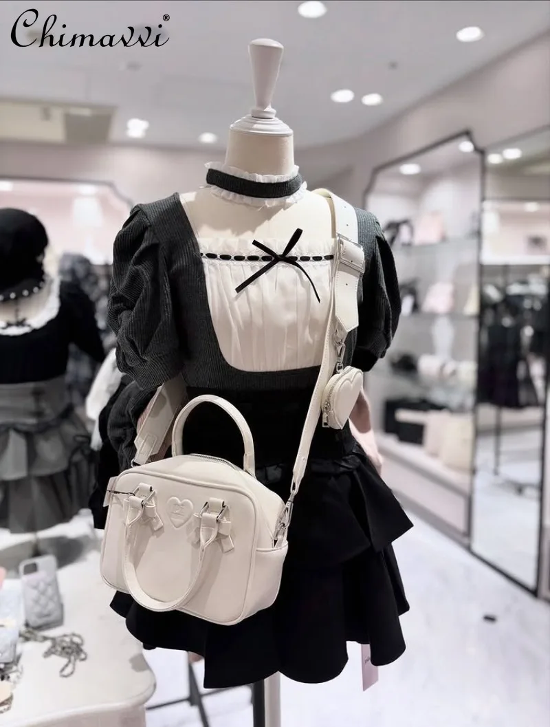 

Japanese Sweet Chiffon Ruffle Edge Splicing Neck Bubble Sleeve Ribbed Knitted Women's Top Summer Fashion Slim Elegant Pullovers