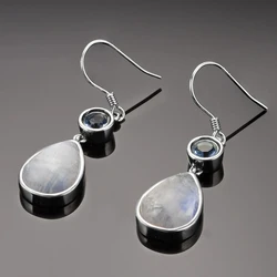 S925 Silver Earrings 9x13MM Natural Moonstone Ear Jewelry Light Blue Zircon Earrings Fashion Party Wedding Jewelry