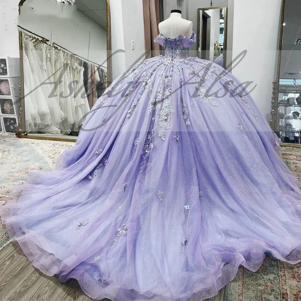 Real Elegant Lilac Princess Girl Quinceanera Dresses Off Shoulder 3D Floral Illusion Lace Up Ball Puffy Skit Women Prom Party 15