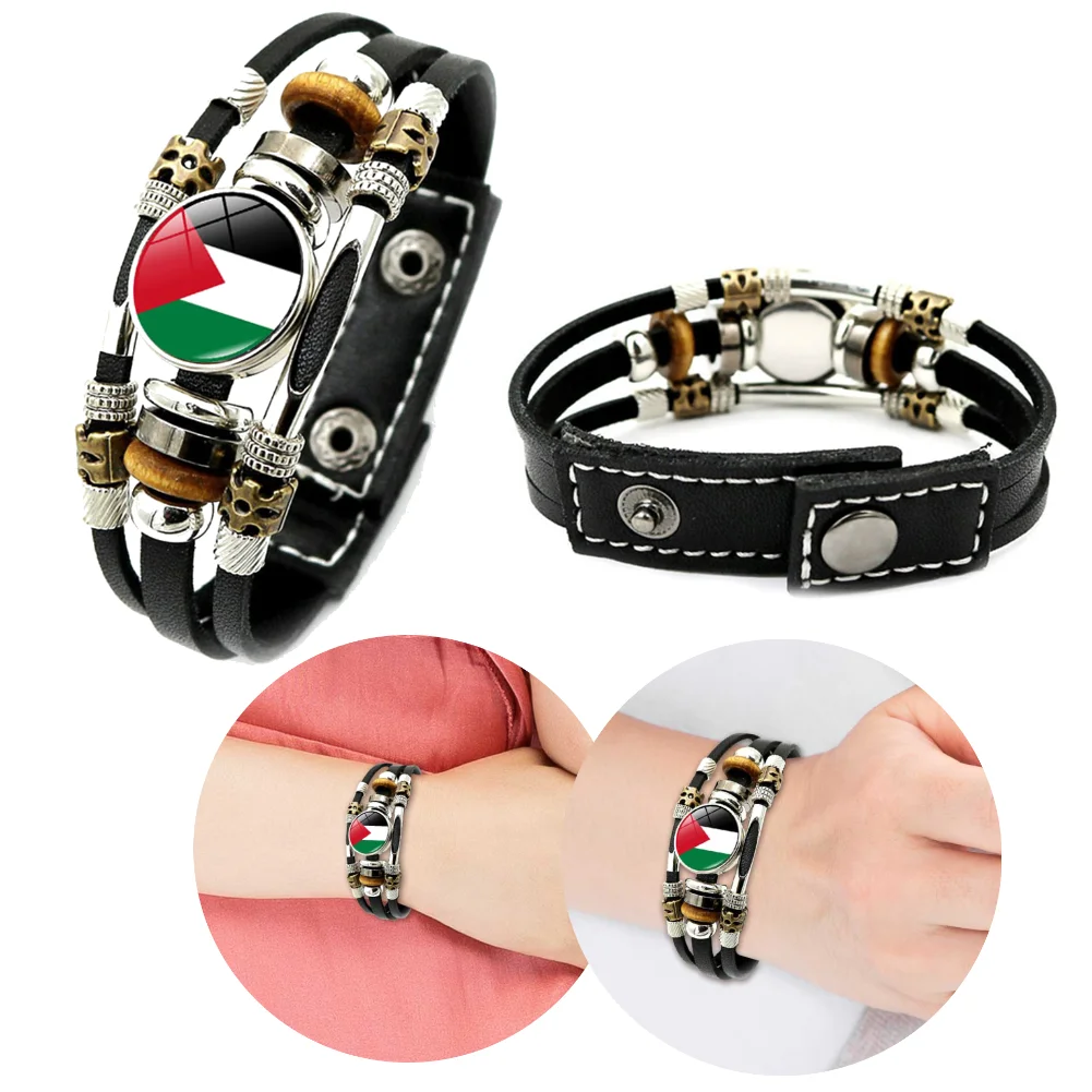 Leather Braided Bracelets Multilayered Punk Beads Button Bracelets Countries Flag Bracelets Patriot Flag Bracelets for Women Men