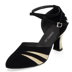 Zapatos de ante negro para mujer, calzado de baile latino, Tango, salón, Punta cerrada, Salsa, talla grande