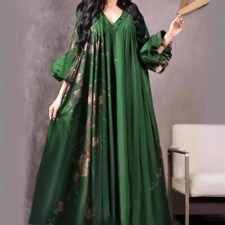 Elegant Vintage Abaya Green Loose Middle Eastern Robe Muslim Dress Women Turkish Printed Floral Evening Dresses V-neck for Women