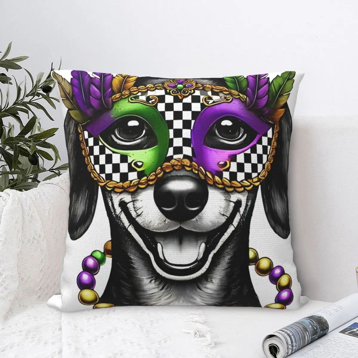 Dachshund Mardi Gras Mask And Beads Pillow Covers Polyester Car Cushion Cover Creative Decorative Pillow Cover 45*45