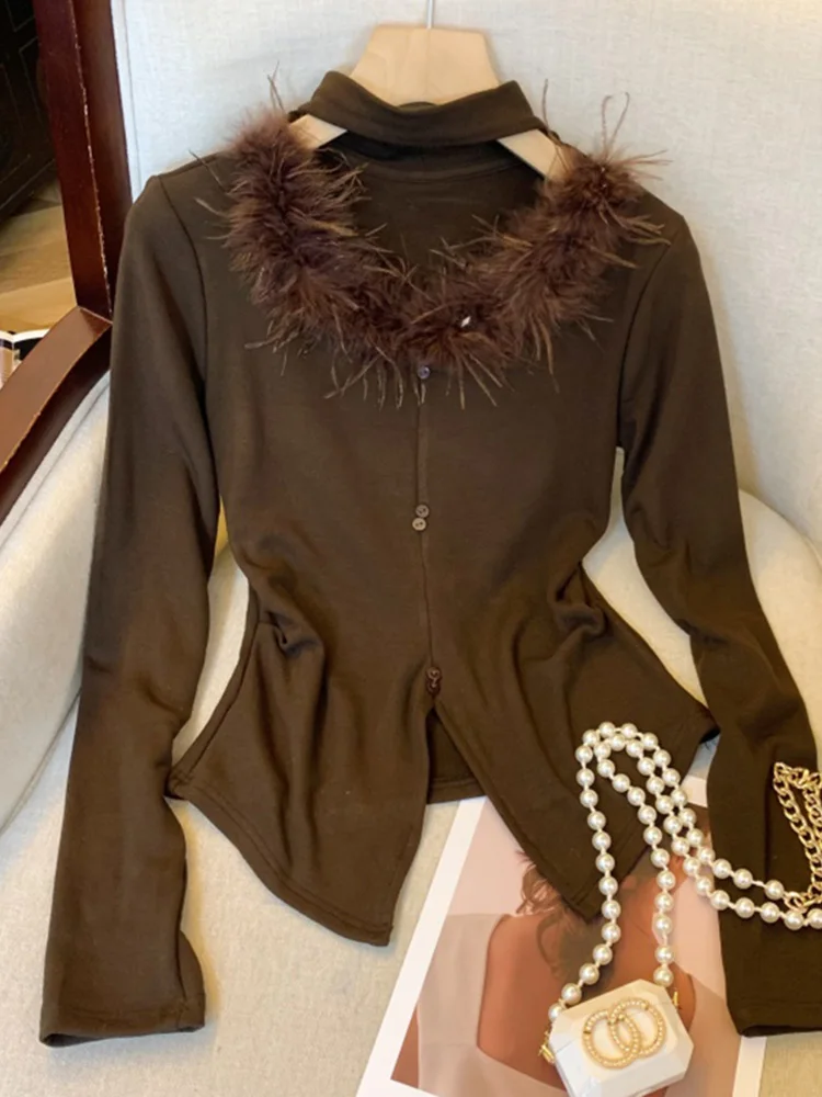 

Fall Winter Women's V-Ne Long Sve Knitted Sweater Feather Decoration Base Layer Top Ci Walk Suitable Medium Thin