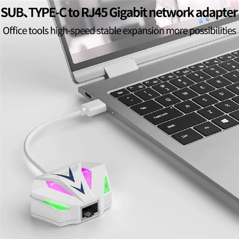 Adapter sieciowy A14E-USB na RJ45 Ethernet 10/100/1000Mbps z efektem oświetlenia RGB do komputera PC i laptopa