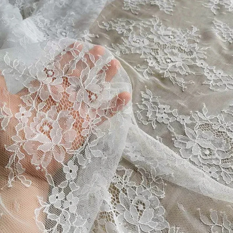 Soft French Lace Material Embroidery Light Through Mesh Composite Lace Wedding Dress Custom Lace Garment Fabric