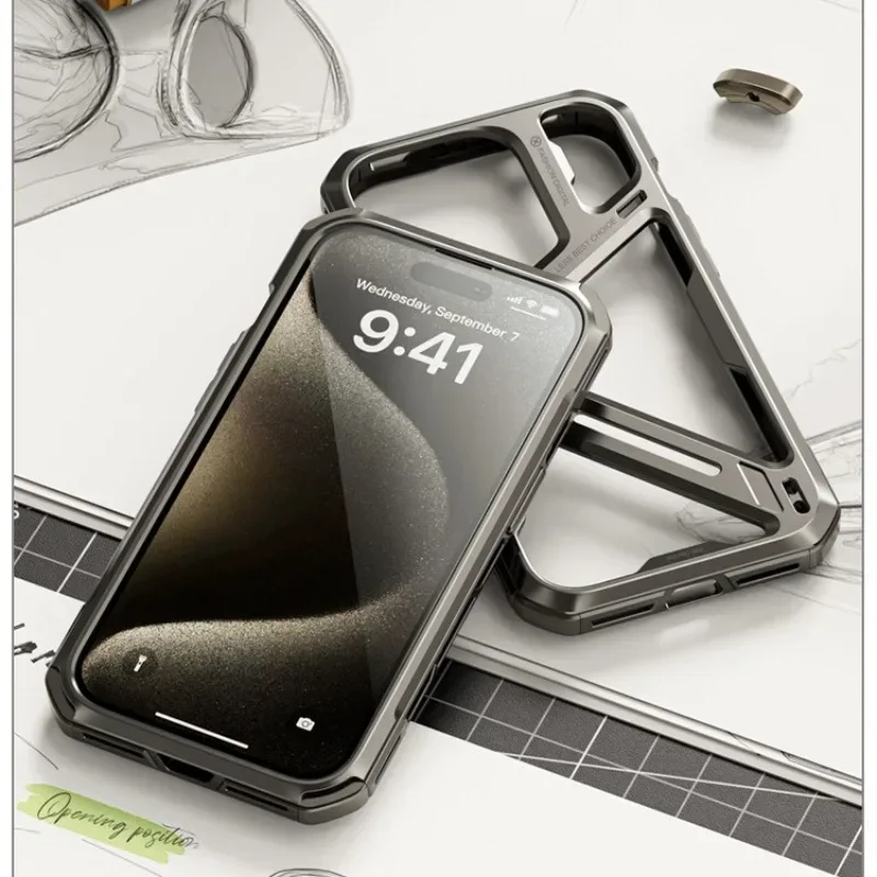 

for IPhone 12 14 15 Pro Max Metal Hollow Out Design Mechanical Phone Case Titanium Alloy Frame Superhard Bumper Protective Cover