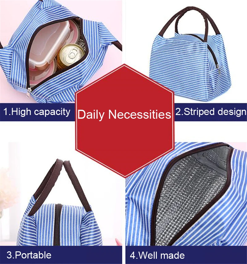 Insulated Cooler Lunch Box Portable Striped Canvas Insulated Work Travel Picnic Lunch Bags Durable Carry Cooler Food Storage Bag