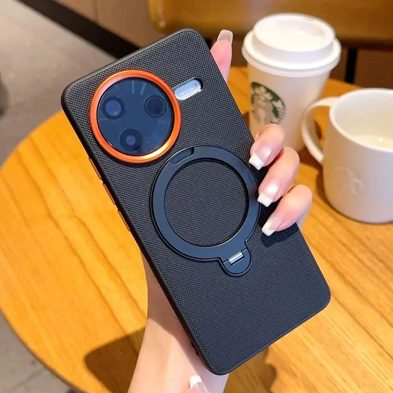 

360 Magnetic Metal Finger Ring Phone Holder Case For Xiaomi Redmi K80 Pro Orange Camera Protection Metal Buttons Leather Cover