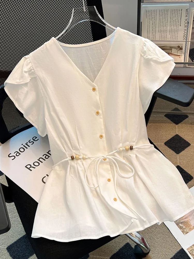 Slimming V-Ne ort Sve irt Women's Summer Self-Preservation Sle Belted Korean Version Loose Fit Button Decorated Top