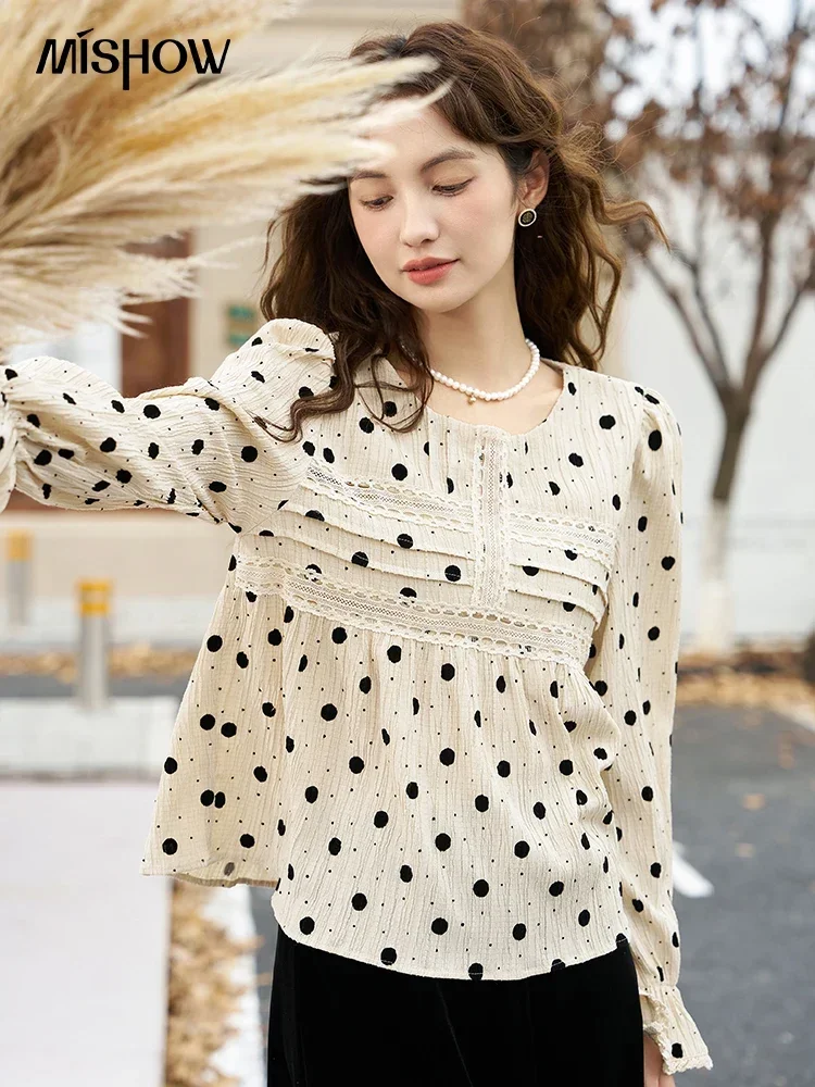 MISHOW French Polka Dot Blouse Women Spring Autumn Elegant Bell Long Sleeve Shirt Woman Casual Lace Spliced Sweet Top MXC46X1317