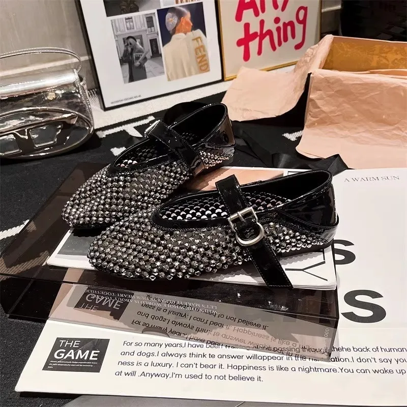 Luxury Crystal Rhinestone Fishnet Ballet Flats Woman Brand Design Rivet Mesh Mary Jane Shoes Ladies Summer Loafers Plus Size 40