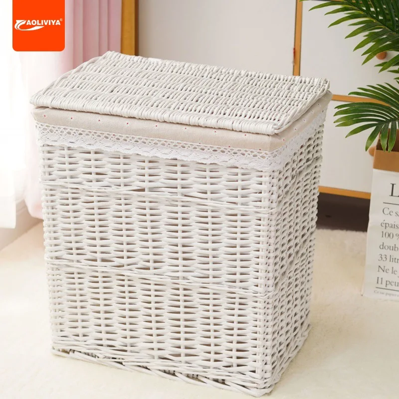 Aoliviya Clothes Storage Basket Laundry Basket Rattan Woven Large Cloth Basket with Lid Woven Household Storage Box Debri