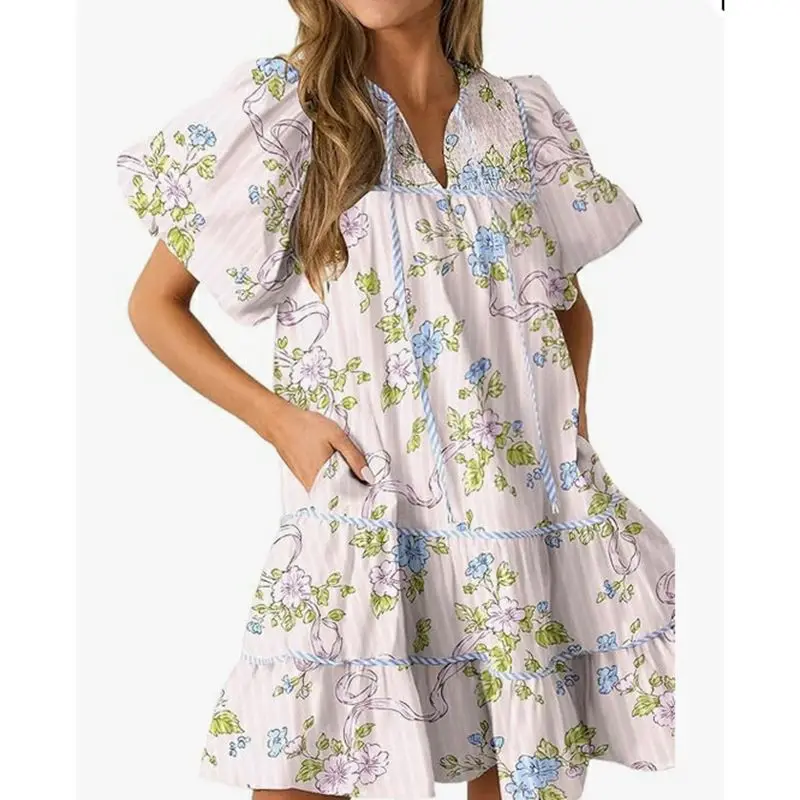 Women Summer Smocked V-Neck with Thin Straps Aesthetic Floral Print Short Puff Sleeve Loose Flowy A-line Mini Dress