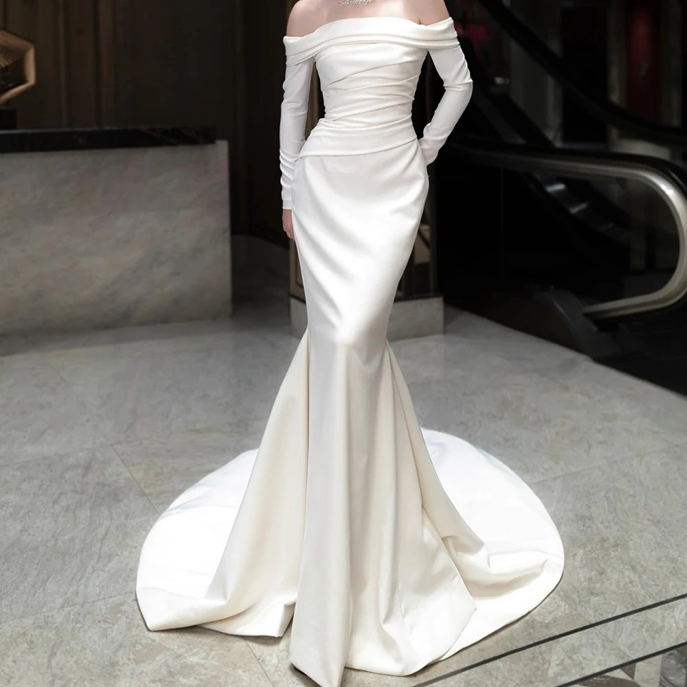 

Вечерние платья русалки по индивидуальному заказу, длиной до пола, с открытыми плечами, с длинными рукавами, платье для выпускного вечера, модное плиссированное простое драпированное вечернее платье