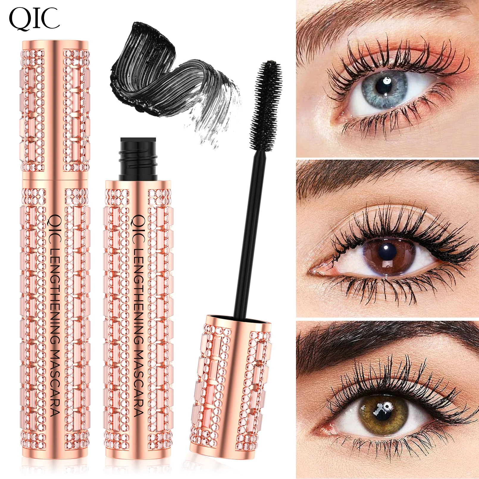 Qic moda diamante 4d rímel à prova dwaterproof água maquiagem dos olhos cosméticos amendoim escova de silicone alongamento curvado cílios secagem rápida
