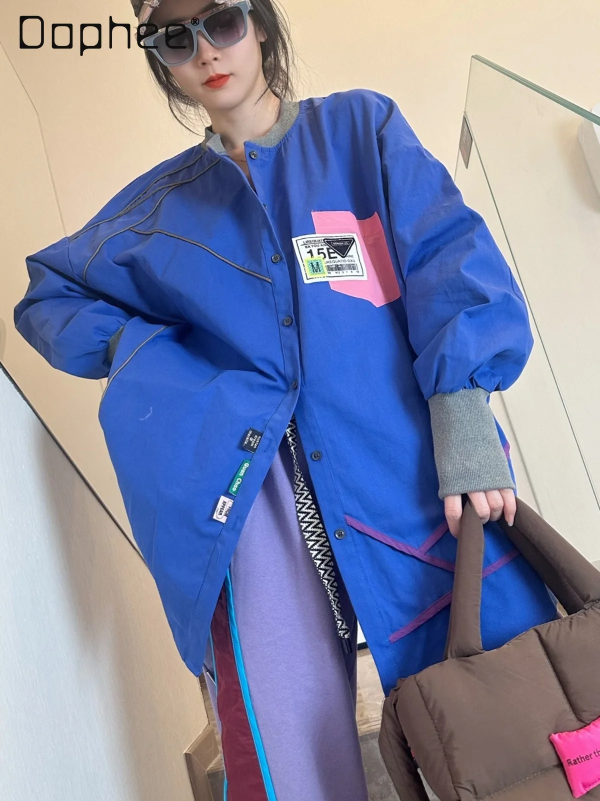 

Korean Style Temperament Loose Mid-Length Cotton Shirt Women Spring New Round Neck Single-Breasted Long Sleeve Oversized Top