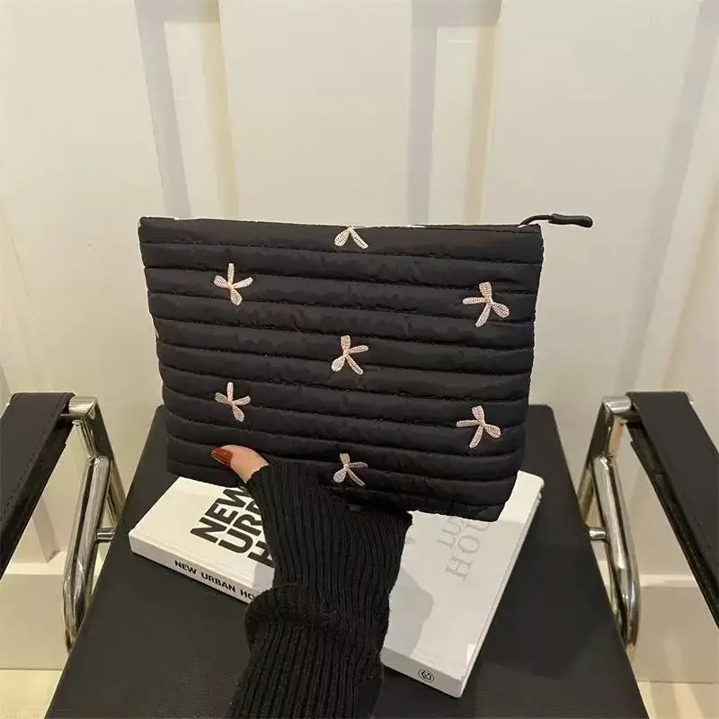 Cute Makeup Bag with Zipper Large Capacity Cosmetic Bag Embroidery Bow Wash Storage Bag