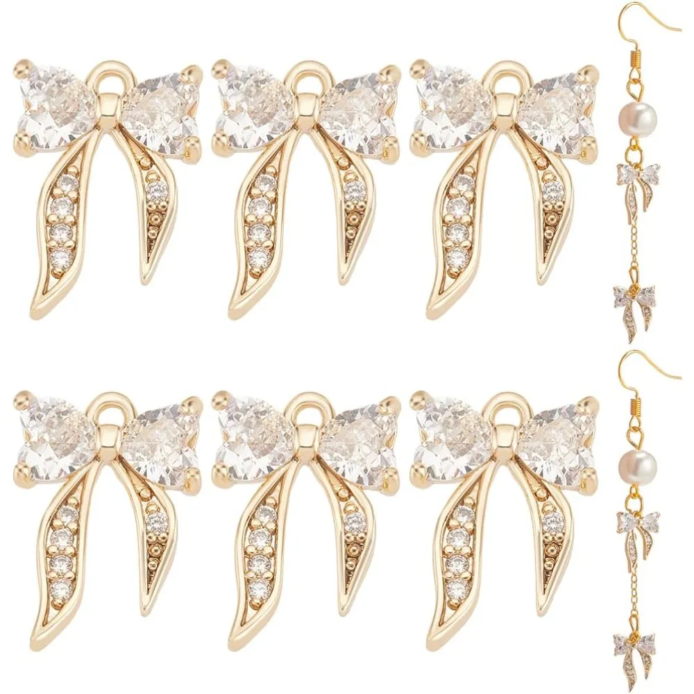 10Pcs Real Brass Bowknot Charms with Loop 0.5x0.3x0.1Inch Micro Pave Clear Cubic Zirconia Pendants Bow Dangle Connecter Charms