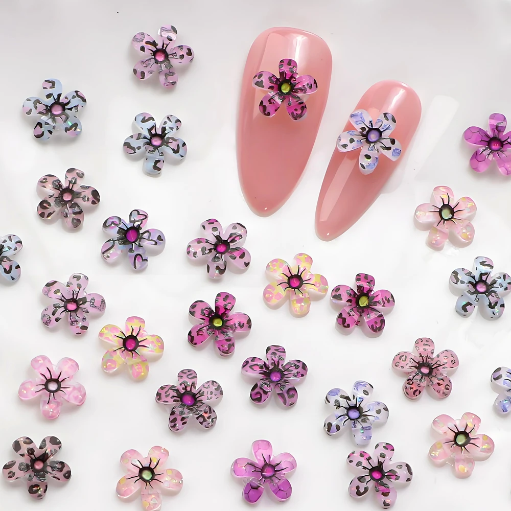 

50PC 3D Acrylic Leopard Print Five Petal Flower Nail Art Charms Accessories For Autumn Nails Decoration Design Manicure Supplies