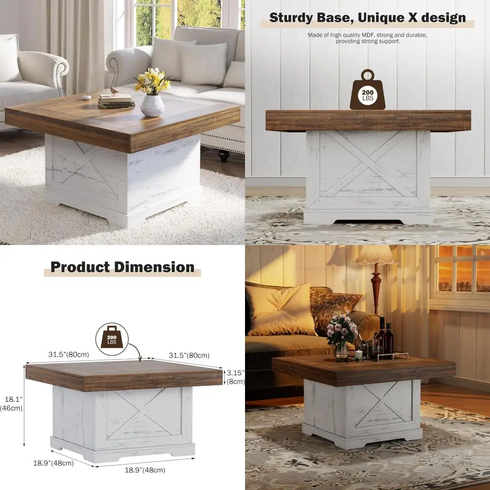 

Farmhouse Style 31.5 Square Coffee Table with Wooden Pedestal Base for Living Room and Home Office Use