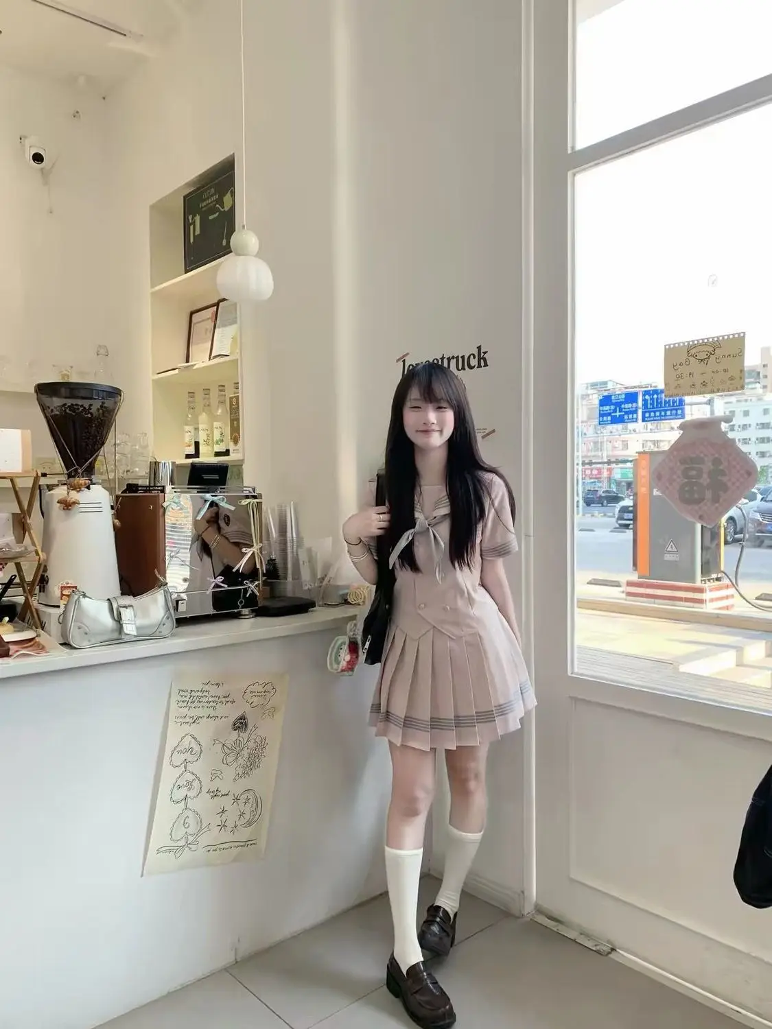 Sweet Kawaii JK Uniform 2 Piece Set Women Pink Sailor Collar Bow Tie Emblem Patch Short Sleeve High Waist Pleated Skirt Slim view 5