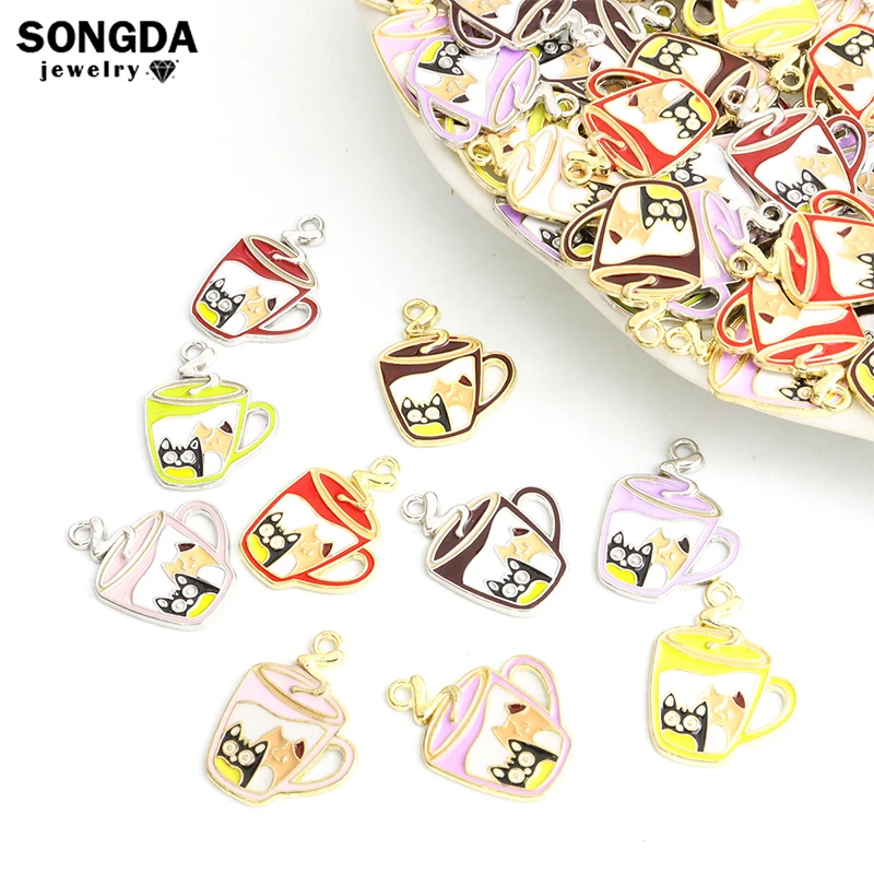 10pcs Enamel Lovely Cup Cat Charms Kawaii Kitten Animals Pendants Cute Cartoon Charm Jewelry DIY Bracelets Necklaces Accessories