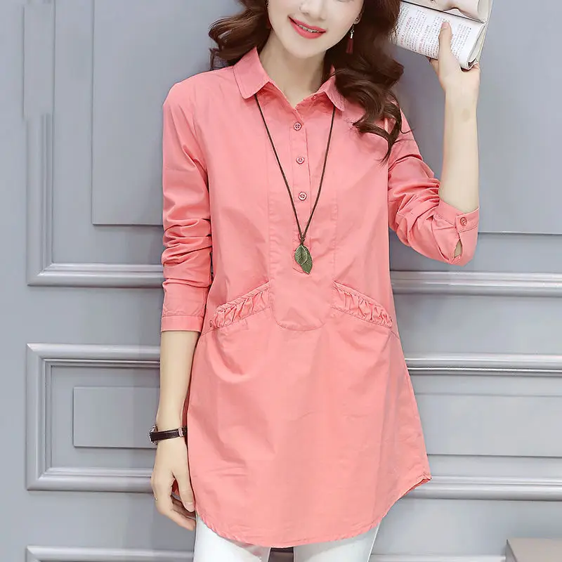 

Women's Solid Color Blouse Unique Design Mid-Age Mother Ruffle Detail Long Sleeve Spring Autumn Tops