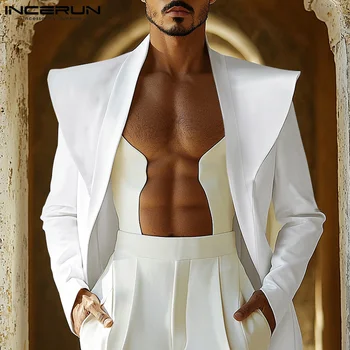 INCERUN เสื้อ 2024 แฟชั่นสไตล์อเมริกันผู้ชาย Deconstructing ปาร์ตี้สไตล์เสื้อสูทลําลองเซ็กซี่หลวมแขนยาว Blazer