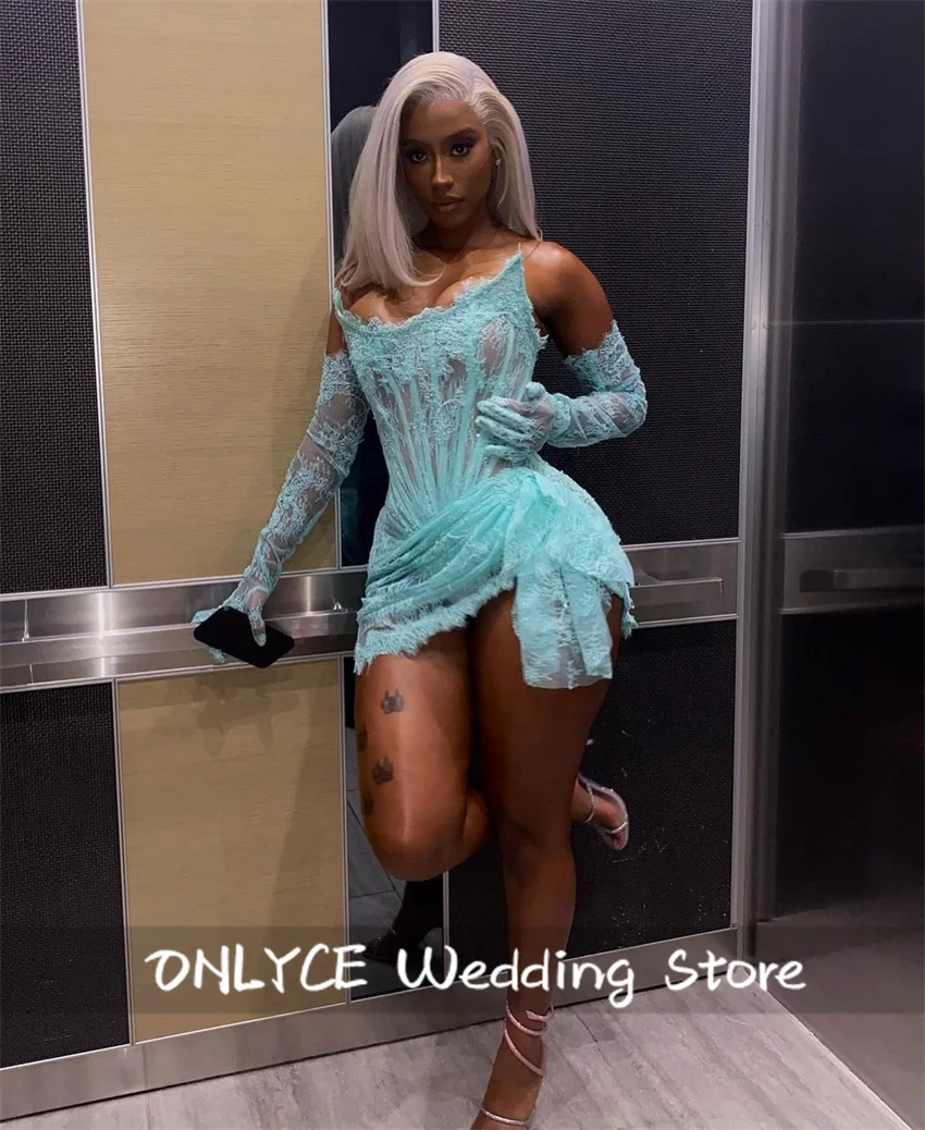 Sexy Blue Lace Short Prom Luxury For Black Girls 2024 Birthday Party Elegant Dresses Women Cocktail Dress With Gloves Customized