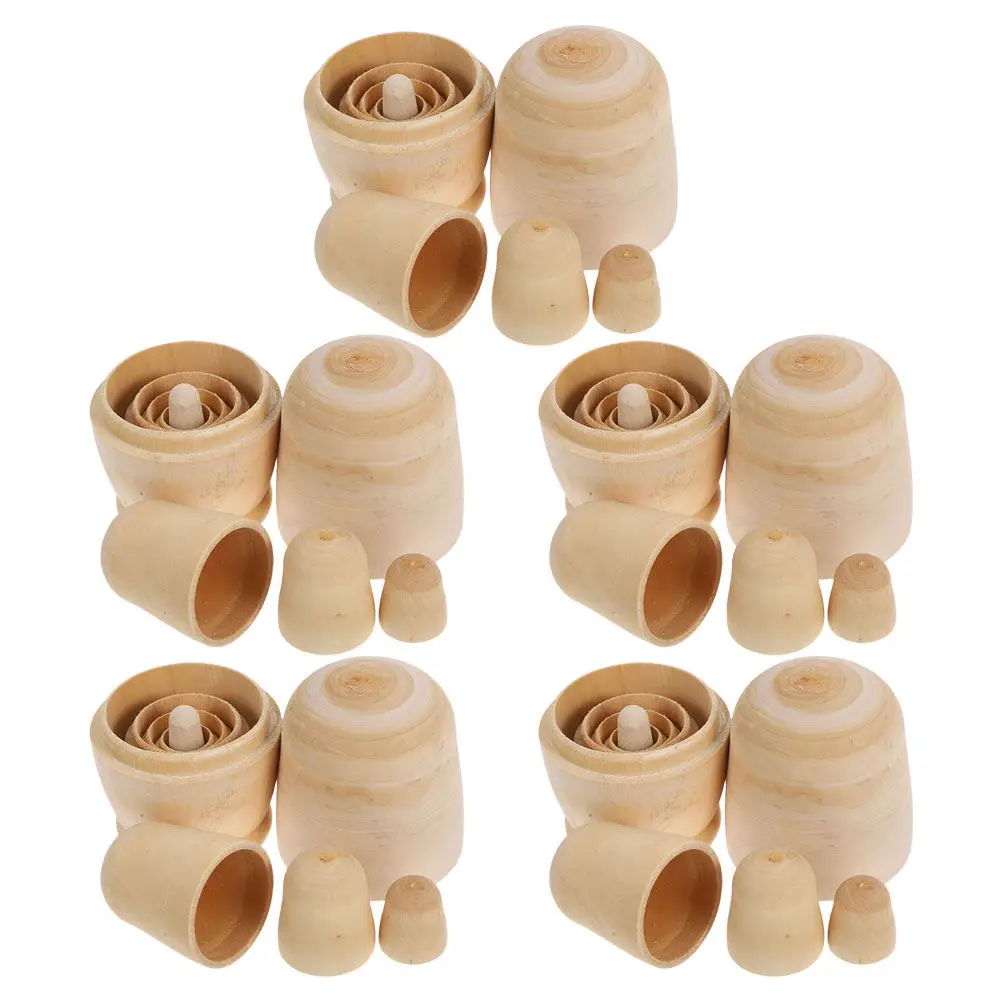 5Sets Blank Russian Nesting Wooden Matryoshka DIY Kit Unfinished Craft Supplies for Art Therapy Drawing Parties Family