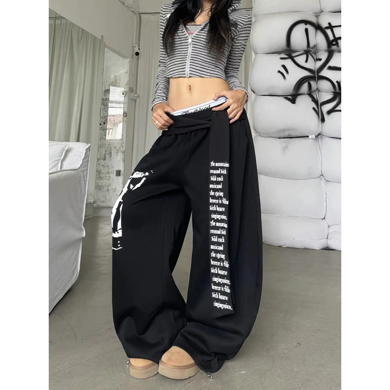 ZHIZOU Women's Gray Baggy Letter Print Sweatpants Oversize Dance
