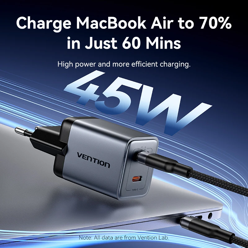Зарядное устройство GaN Vention 45 Вт PD QC 3.0 Быстрое зарядное устройство USB C для iPhone 16 15 14 Pro Max Samsung S25 Xiaomi Зарядное устройство для планшета iPad и телефона