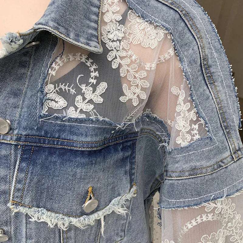 #3102 Spring Spliced Lace Short Jeans Jackets Women\'s Coat Loose Perspective Denim Jacket Women Long Sleeves Sexy Hollow Out