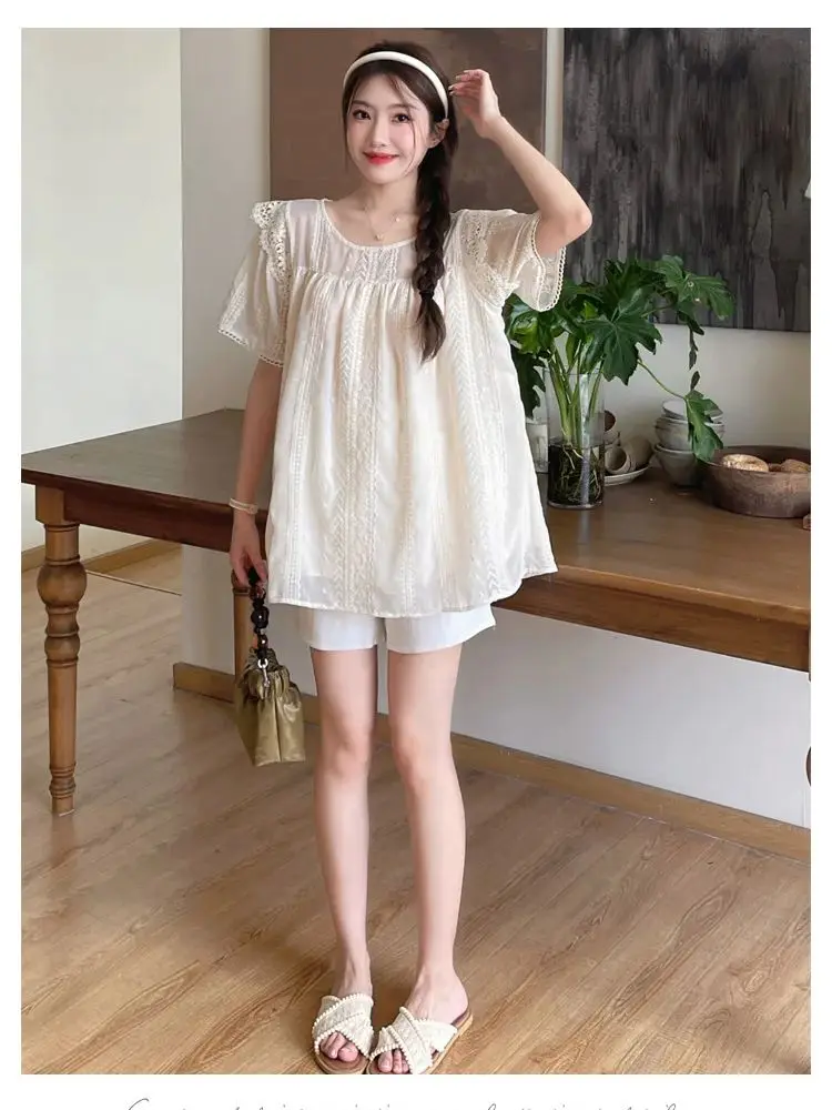 

Korean Style Sweet Clothes Set Maternity Summer Short Sleeve O-Neck Embroidery Lace Shirt Belly Shorts Pregnant Women Twinset