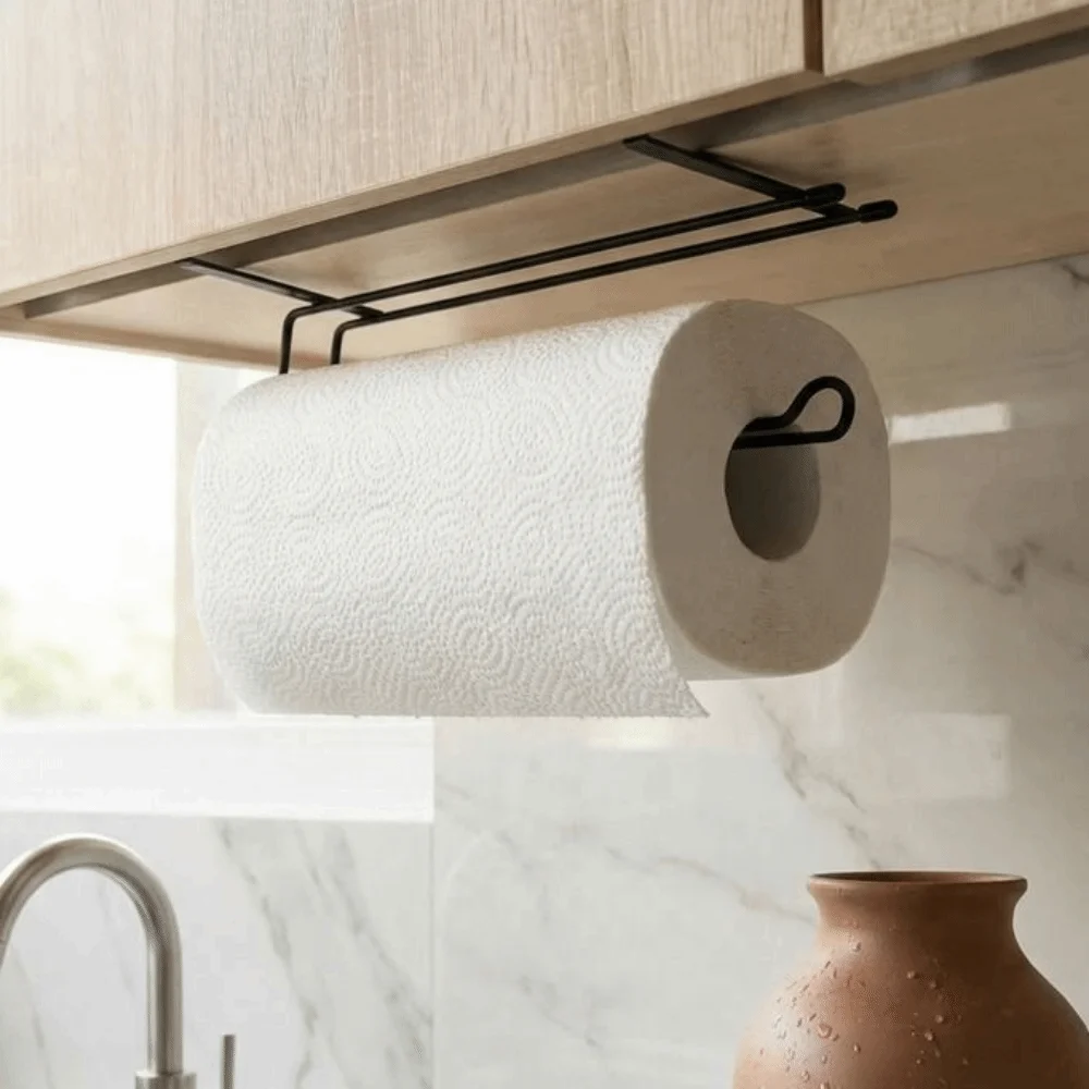 

Metal Under Cabinet Paper Towel Holder Wall Mounted Space Saving Non-Perforated Tissue Holder Minimalist Paper Towel Rack
