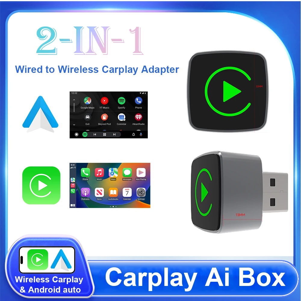 

2 в 1 проводной к беспроводному адаптеру CarPlay Android Auto для OEM автомобильной стереосистемы с USB-ключом Smart Mini Box Plug and Play Bluetooth