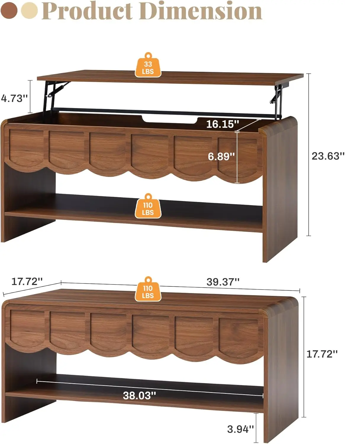Lift Top Coffee Table with Hidden Compartment, 2 Tier Wooden Center Table with Wave Panel, Modern Lift Tabletop , Walnut