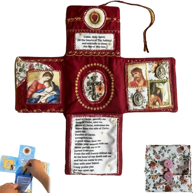 Bolsillo hecho a mano devocional - Faith Edition Bolsa de tela en forma de cruz Bolsillo de costura devocional con oraciones cruzadas Saint Images