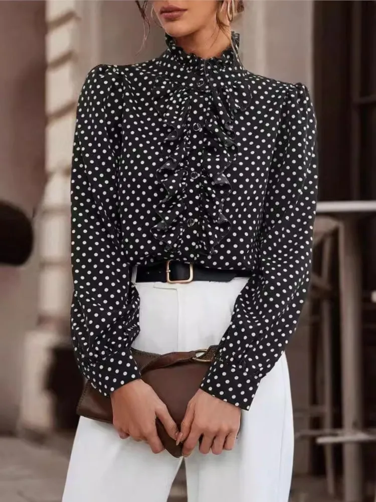 Elegant Office Lady ลําลองคอยาวแขนยาวเสื้อฤดูใบไม้ผลิฤดูใบไม้ร่วงแฟชั่น Polka Dot พิมพ์ Ruffle ปุ่มเสื้อด้านบน