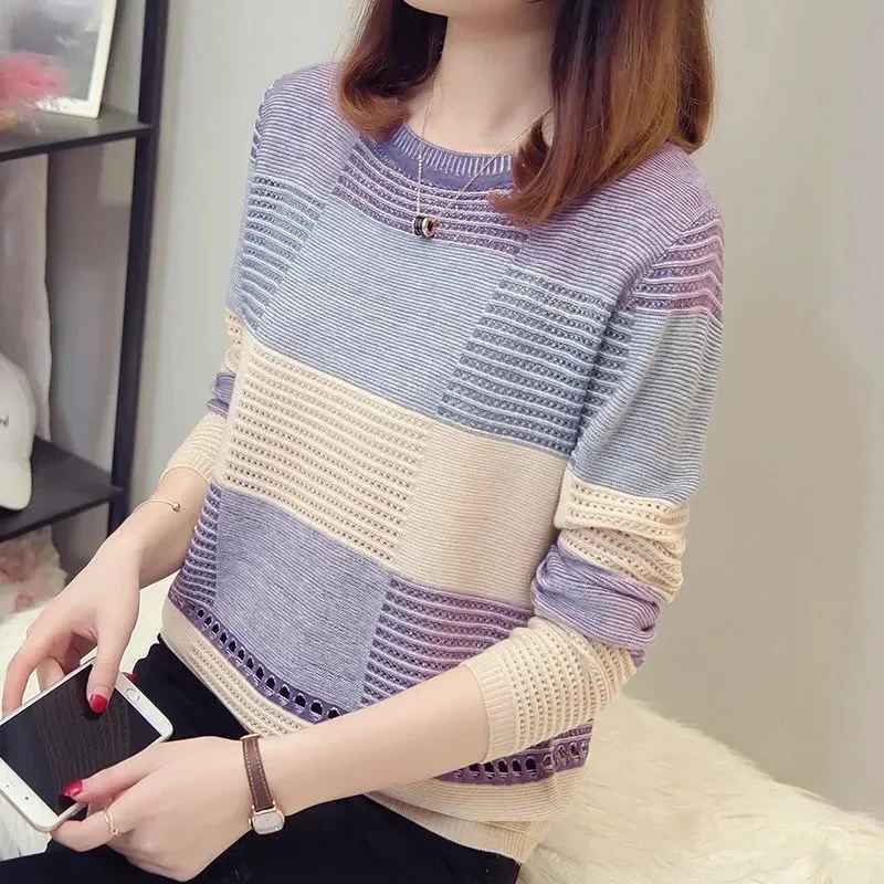 Thin Openwork Sweater Spring 2026new Knitwear Women's Autumn Coat Korean Color Matching Loose Stripes Bottoming Short Female Top