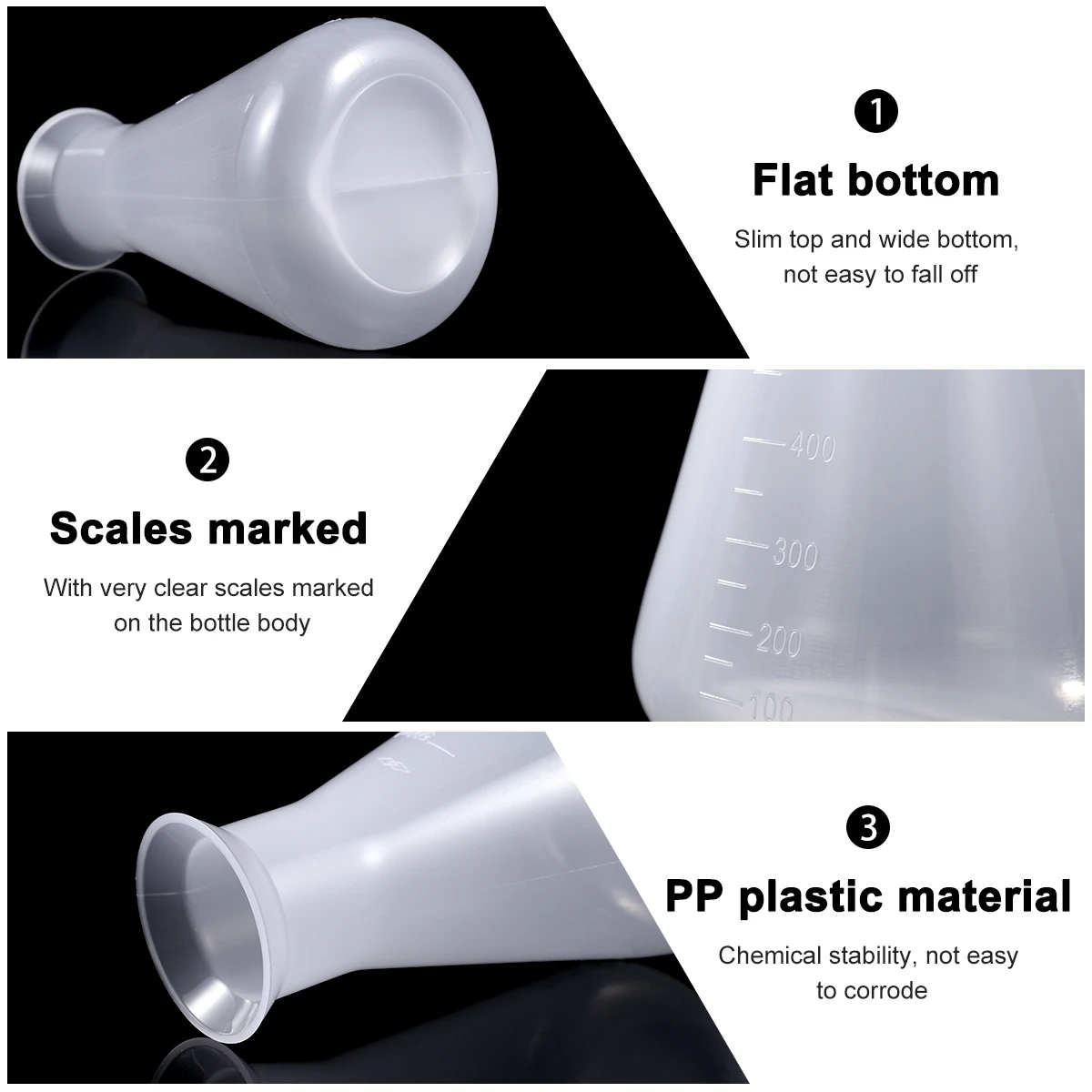 

3Pcs Plastic Flask Conical Flask Laboratory Students Educational Set 50Ml 100Ml 500Ml Double-Sided Scale Accurate Measurement