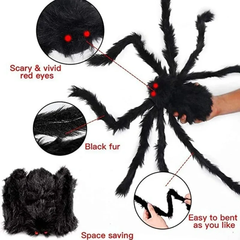 30cm/50cm/75cm/90cm/125cm/150cm/200cm Halloween Giant Black Plush Spider Halloween Decoration Chamber Trick A Prank Big Spider