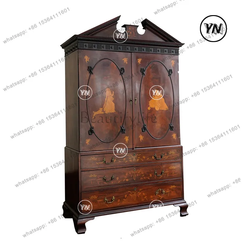 Medieval Painted Dining Side Cabinet Retro Solid Wood Carving Living Room Side Cabinet