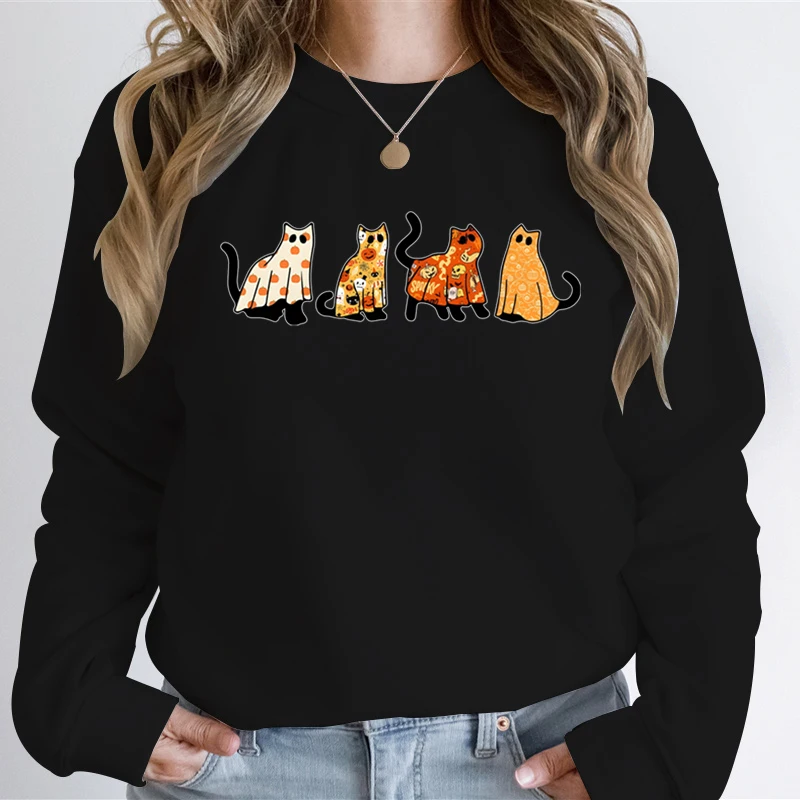 Cat Lover Halloween Hoodies Ghost Cats Graphic Sweatshirt Hoodie Women Spooky Season Black Cat Funny Halloween Woman Sweatshirts