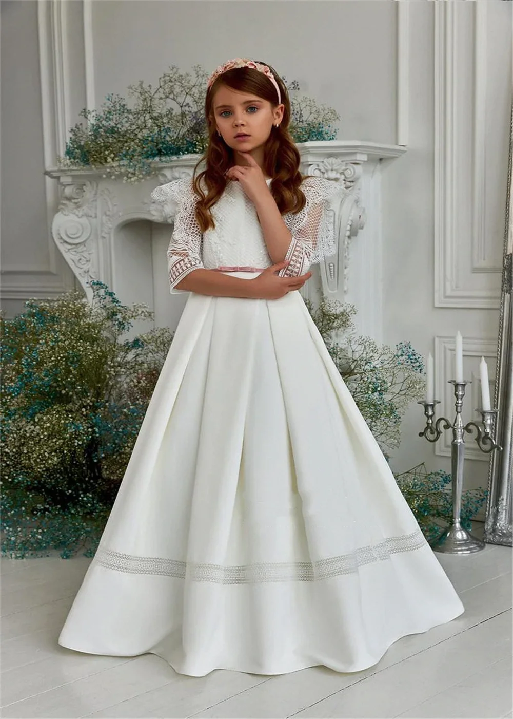 White Flower Girl Dress For Wedding Boho Satin Half Sleeve Lace Puffy Kids Birthday GIFT Party Ball First Communion Downs