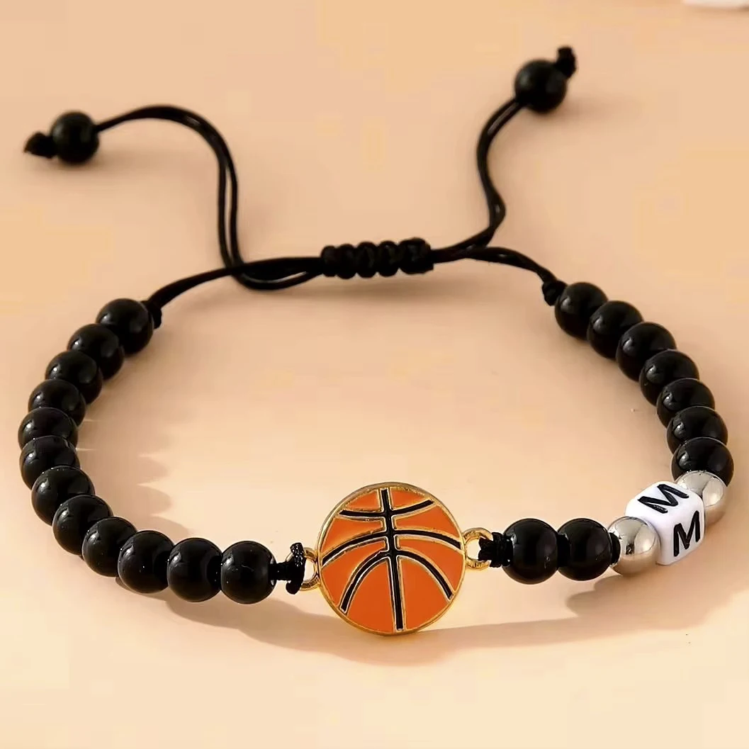 

ZIRUISP New Basketball Black Shiny Beads Bracelets For Men And Women With 26 Name Initials A-Z Jewelry Gifts